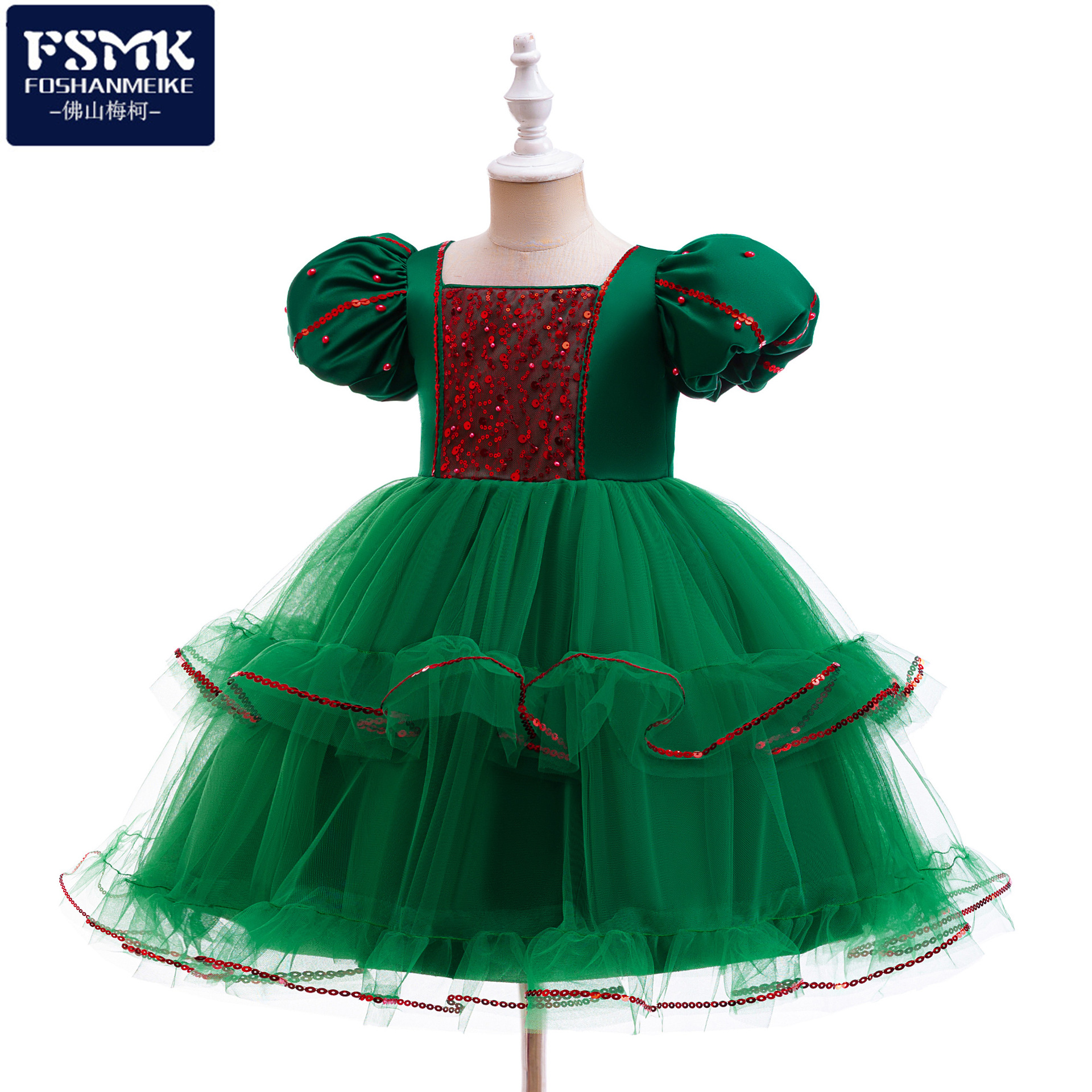 Vestido infantil vestido de princesa esquinilla burbuja manga forjada tela de malla empalmado vestido de fiesta de Navidad princesa rope image 1