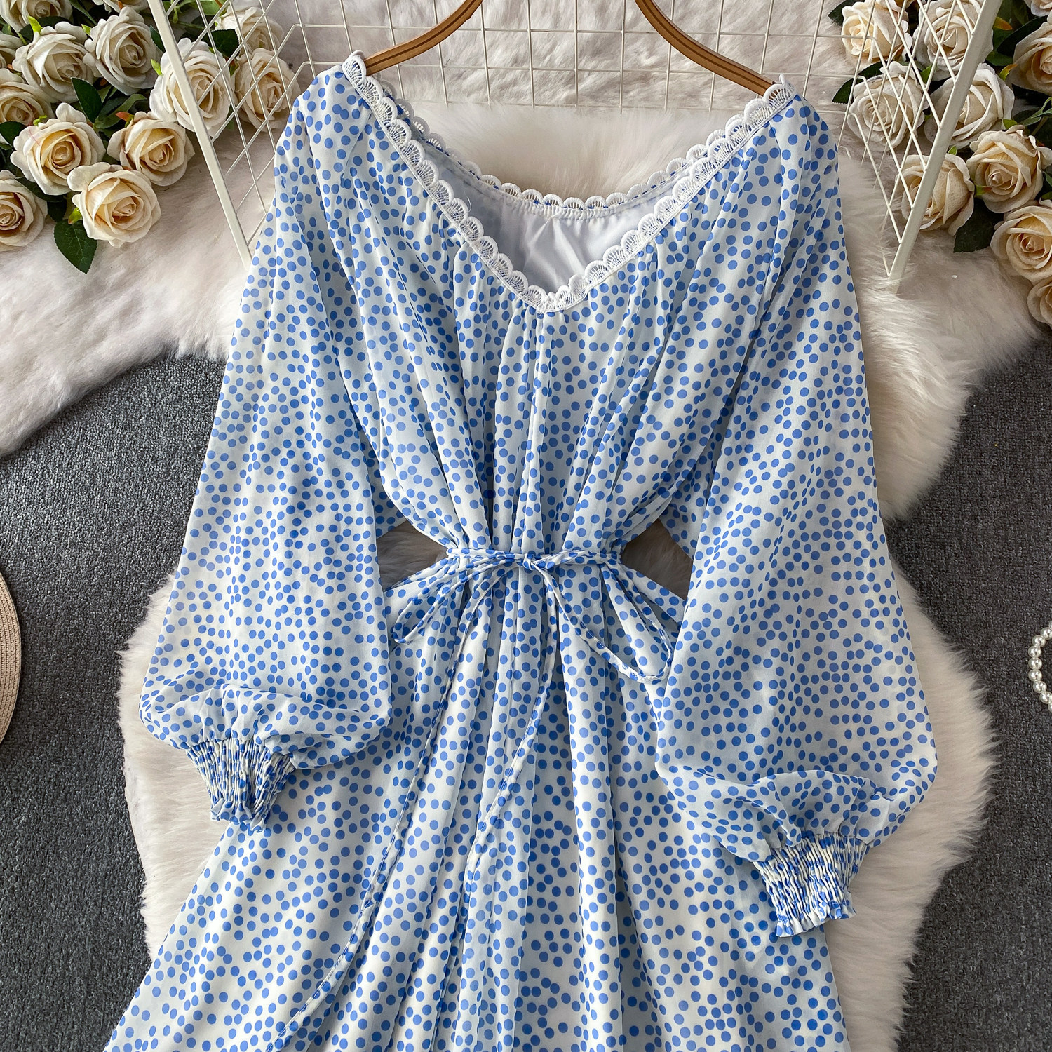 Women's French Style Sweet Polka Dot Patchwork Lace V Neck Dress Summer Flowy Chiffon Maxi Skirt Long Evening Gown_ecoleips.com