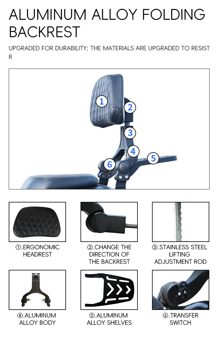 Motorcycle folding backrest for Graystone 250CVT, Flash 250V/300, and Wuxi CU625; foldable rack modification parts