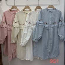 日系小清新圆领刺绣纯色长袖连衣裙荷叶边宽松长裙