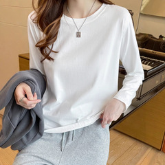 白い長袖Tシャツ、新しいスタイル、ゆったりとしたトップス、春、秋、冬の女性用ボトムシャツ