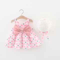 夏季女寶寶吊帶連衣裙新款無袖愛心格子蝴蝶結裙女童棉布公主裙
