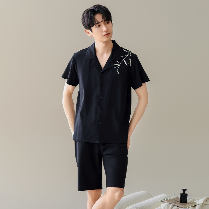 2025 verano pantalones cortos de manga corta pijama hombre bordado delgado algodón ropa casera casal de color sólido dos piezas de ropa exterior