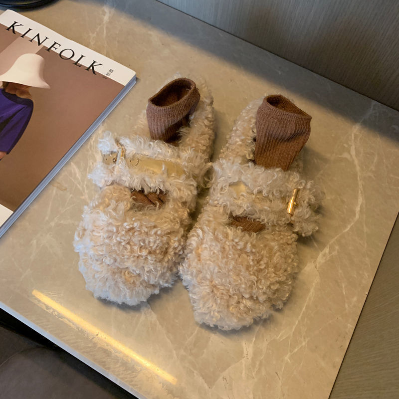 Tamanho grande sapatos peludos para outono e inverno exterior usar nova sola plana internet celebridade encaracolado mais gorro de veludo única mulher_voghion.com