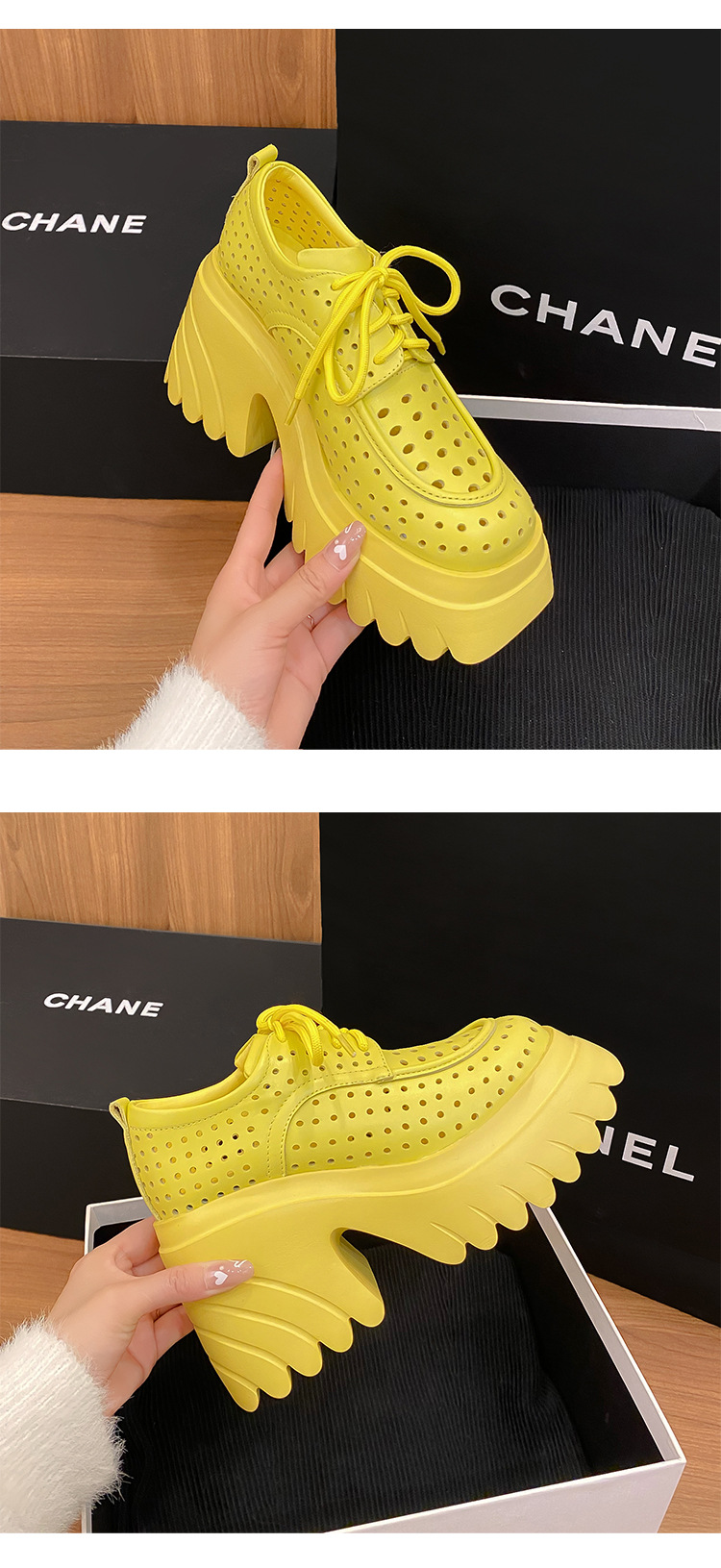 Sandal nữ cao gót đế xuồng da thật hở mũi buộc dây — màu đen, màu hồng, màu trắng ngà, màu vàng chi tiết 20
