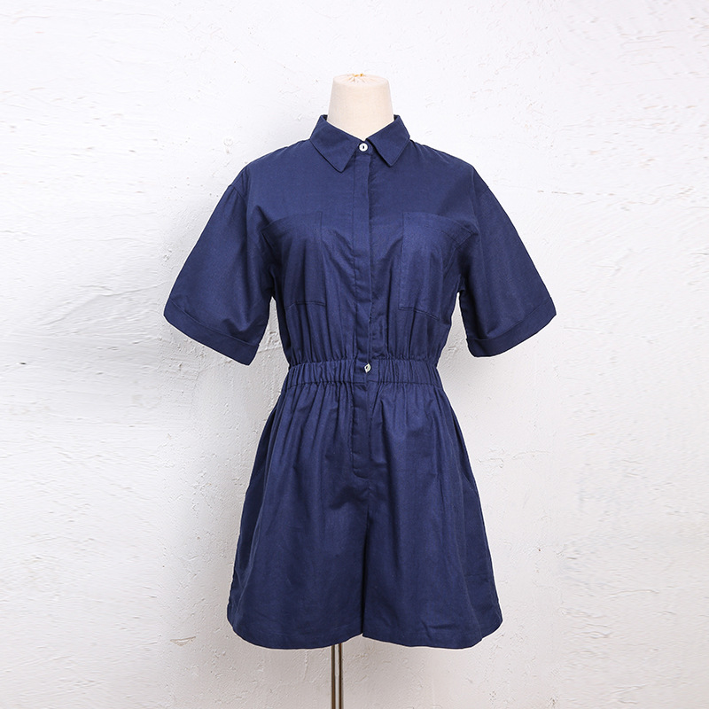 Mono de lino puro para mujer, diseño de nicho, solapa, pantalones rectos de algodón y lino de manga corta, pantalones casuales sueltos y delgados