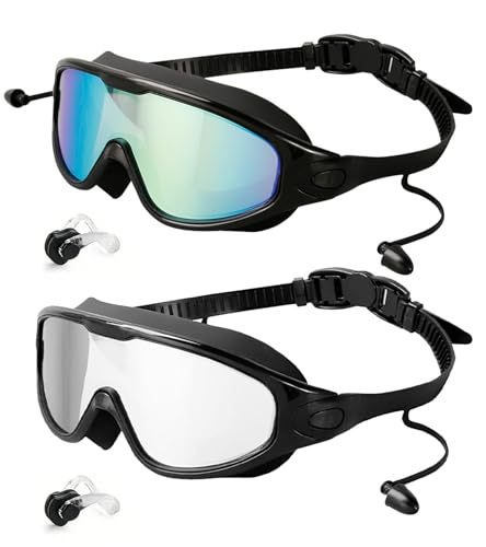 커플 스타일 일체형 귀마개 세트 - 고화질 대형 프레임 수영 고글 - 블랙 골드 도금 + 흑백 실버 도금