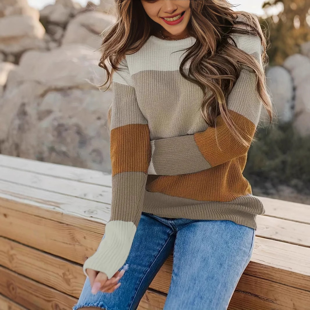 가을과 겨울 유럽과 미국의 국경 대외 무역 여성 스웨터 패션 라운드 넥 컬러 매칭 탑 아마존 캐주얼 느슨한 니트 스웨터