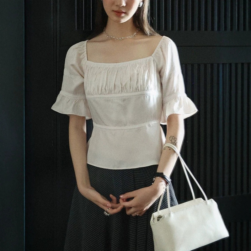 Lalaglo Full Acetate French Puff Sleeve Slim Fit Lace Patchwork Short Sleeve Shirt Women's Square Neck Top Lalaglo Full Acetate French Puff Sleeve Slim Fit Lace Patchwork Short Sleeve Shirt Women's Square Neck Top