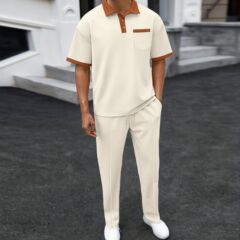 2025種類のアマゾン国境を越えた男性の新型ワッフル襟の色合わせ半袖ズボン2点セットのカジュアルスーツ