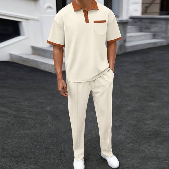 2025 Amazon cross-border men's new waffle lapel color matching short sleeve pants two-piece casual suit
