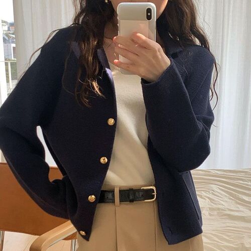 South Korea autumn simple suit collar, single-breasted loose pockets, small long-sleeved sweater
