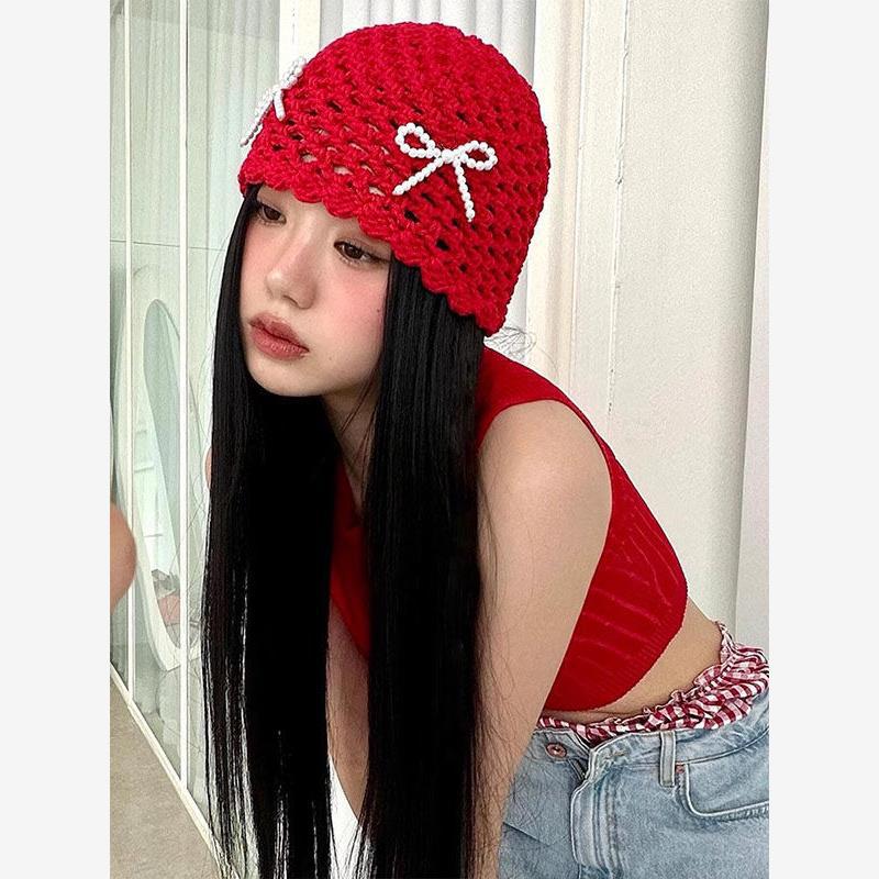 분위기 한국 여성 진주 활 수제 할로우 니트 울 모자 유행 여성 유행 가방 헤드 모자 작은 얼굴