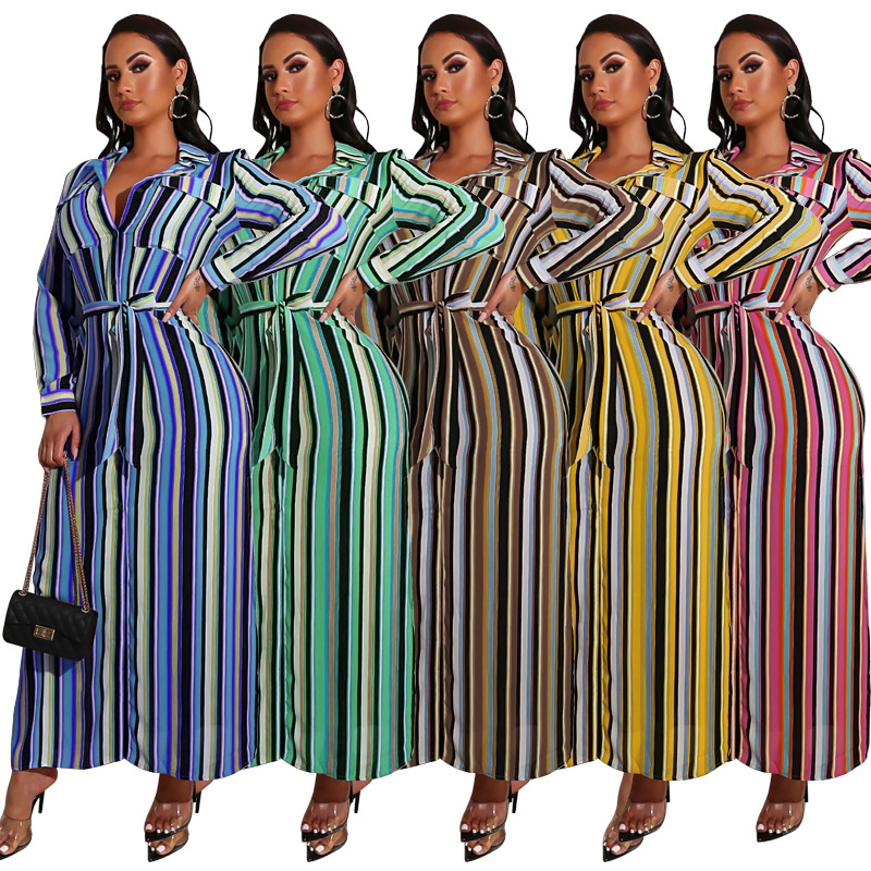 Shirt Dress Streetwear Turndown Belt Long Sleeve Stripe Maxi Long Dress Daily display picture 7