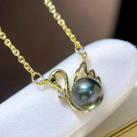 天然淡水黑珍珠吊坠女原创简约大溪地孔雀绿色套链直播爆款批发