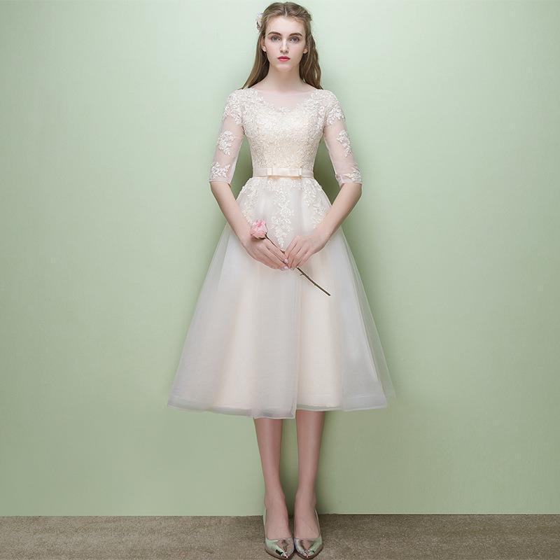 Evening dress mid-length 2024 new long-sleeved bridesmaid dress sisters dress host dress women's dress small dress