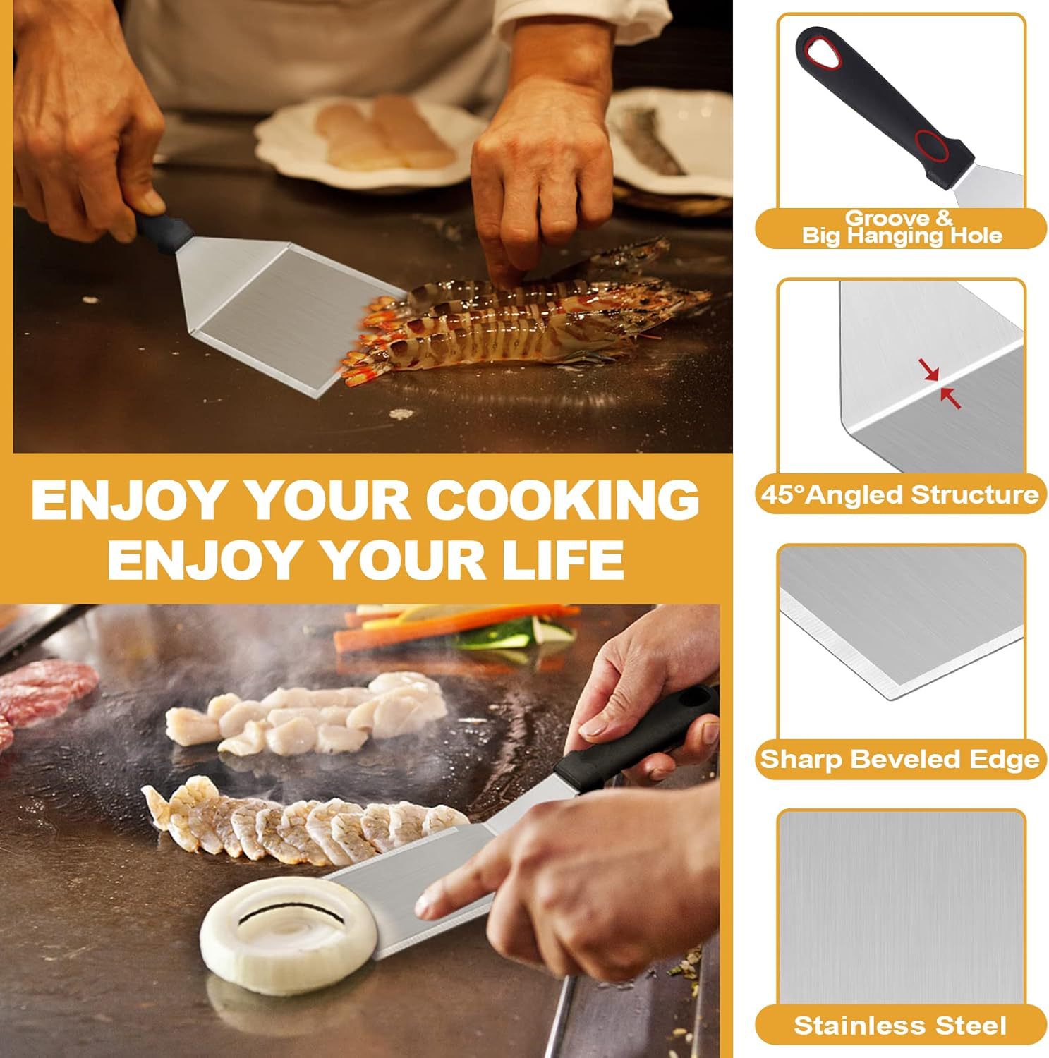 Amazon acero inoxidable teppanyaki para hornear herramientas de barbacoa al aire libre juego de pala para freír juego de combinación de barbacoa para barbacoa