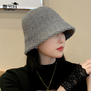 Printed logo Korean-style face-showing small fisherman hat autumn and winter casual versatile face-covering basin hat fashion knitted wavy bucket