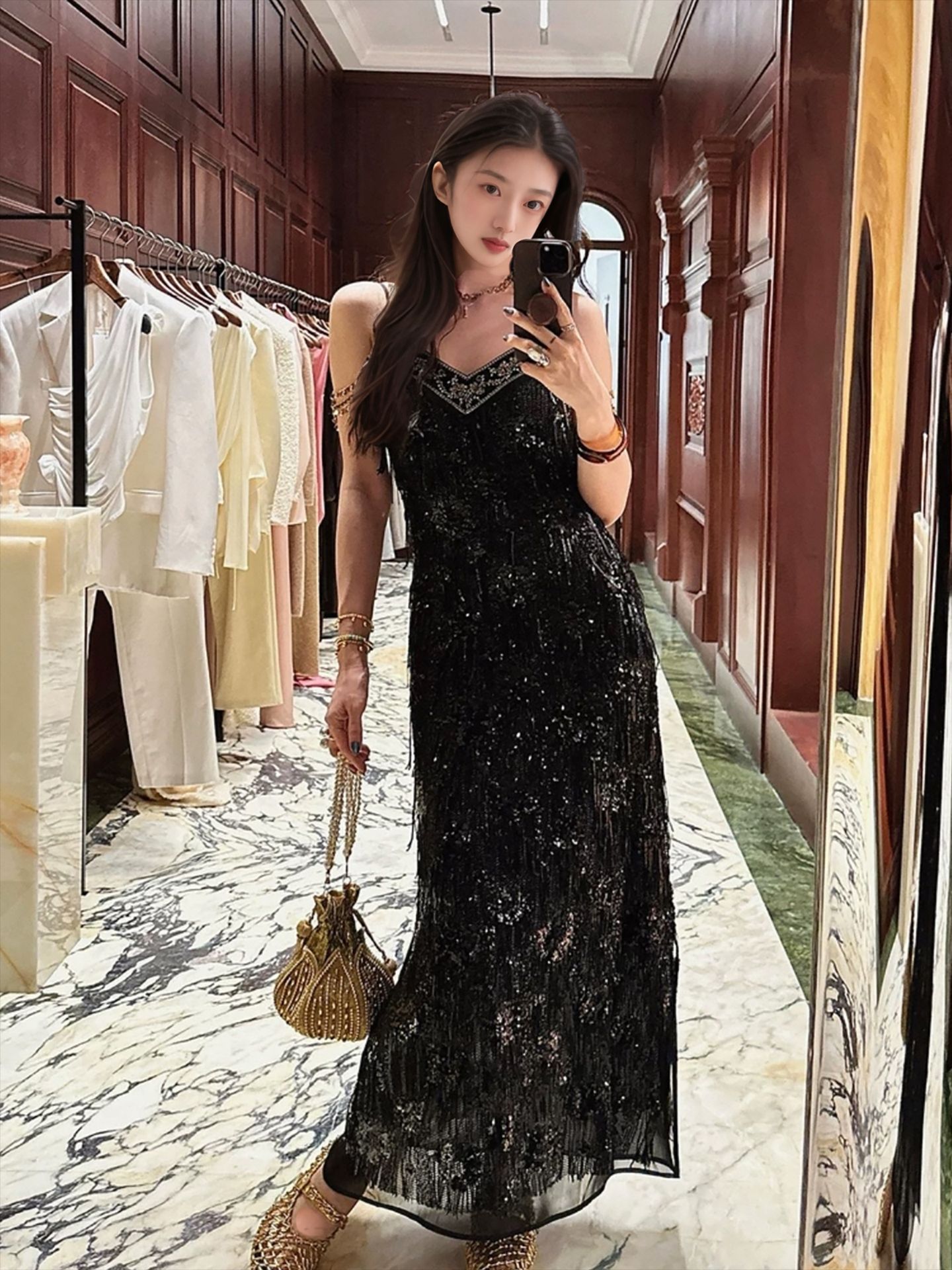 Đầm dây tua rua thêu lưới đính cườm phong cách Trung Quốc mới ZX N7012 — đen obsidian, cơm hạnh nhân