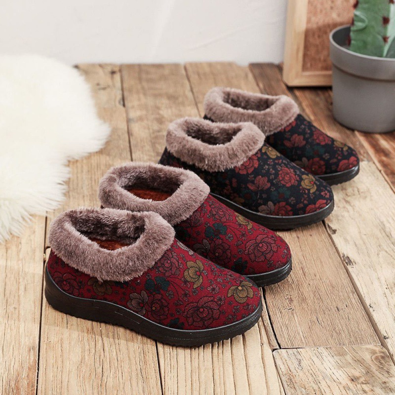 自然卷靴子冬季女棉鞋防滑保暖媽媽鞋女冬季加絨新款舒適軟底棉鞋