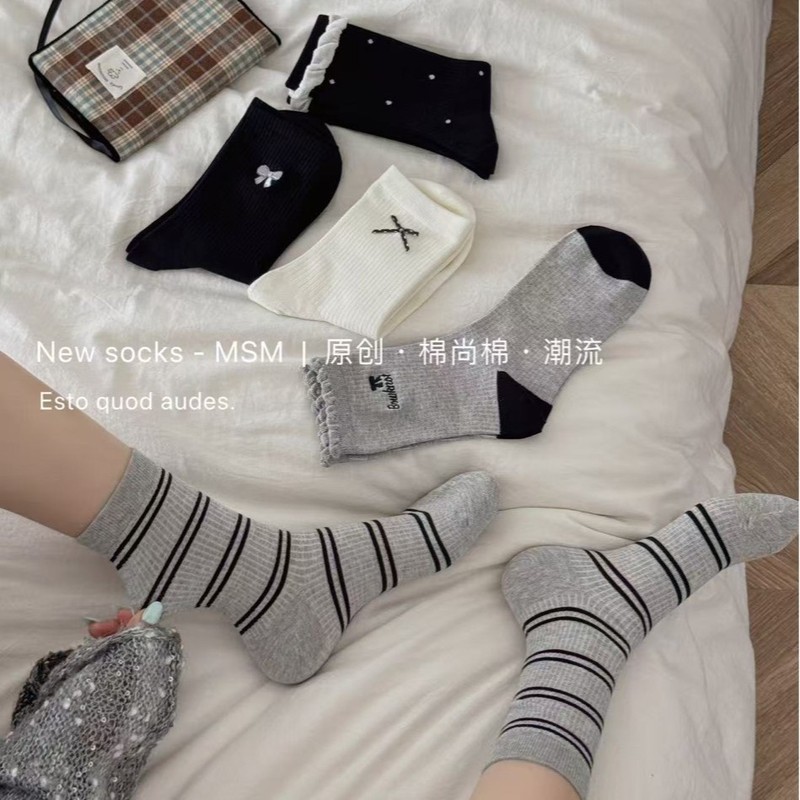 袜子女款秋冬款加厚保暖中筒袜刺绣双纱棉袜秋季女士袜子运动批发|undefined