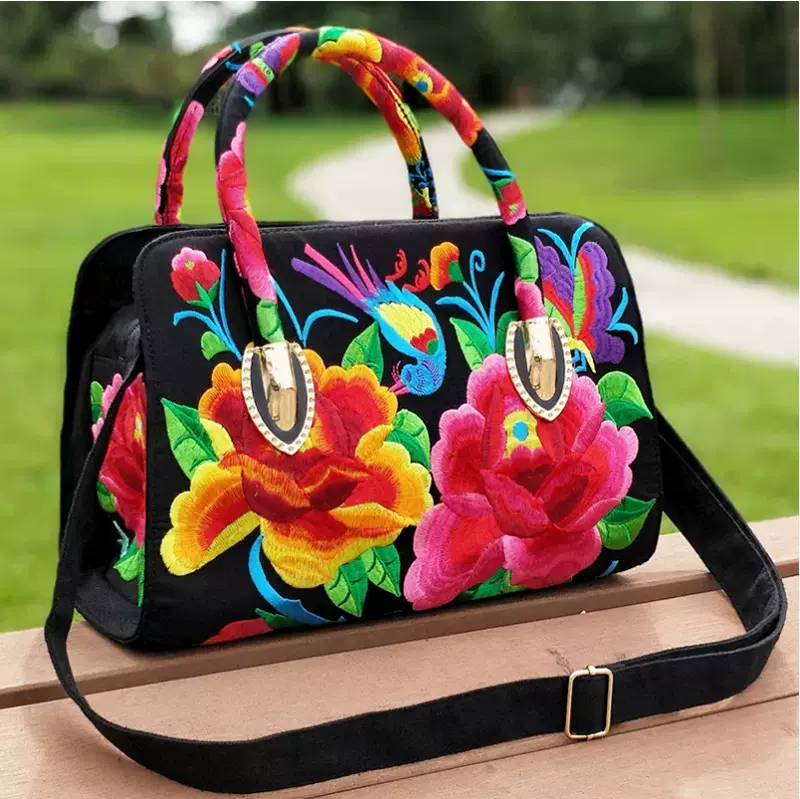 民族风绣花手提斜挎两用鼓包 帆布刺绣花布包旅行单肩手提女包