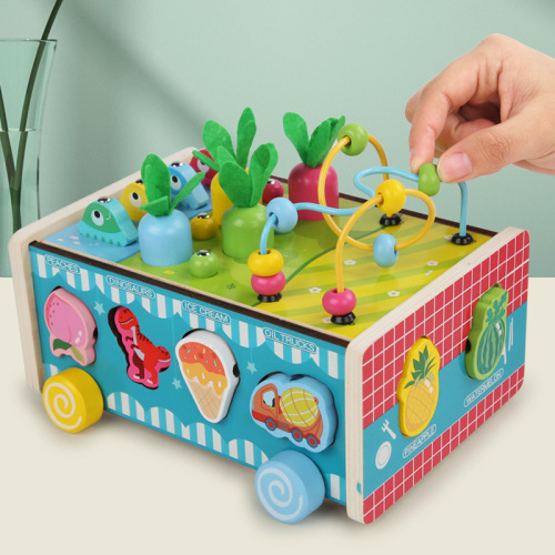 Children's wooden trailer toy, fishing, pulling carrots around jewelry, eight-in-one towing walker, assembling building blocks