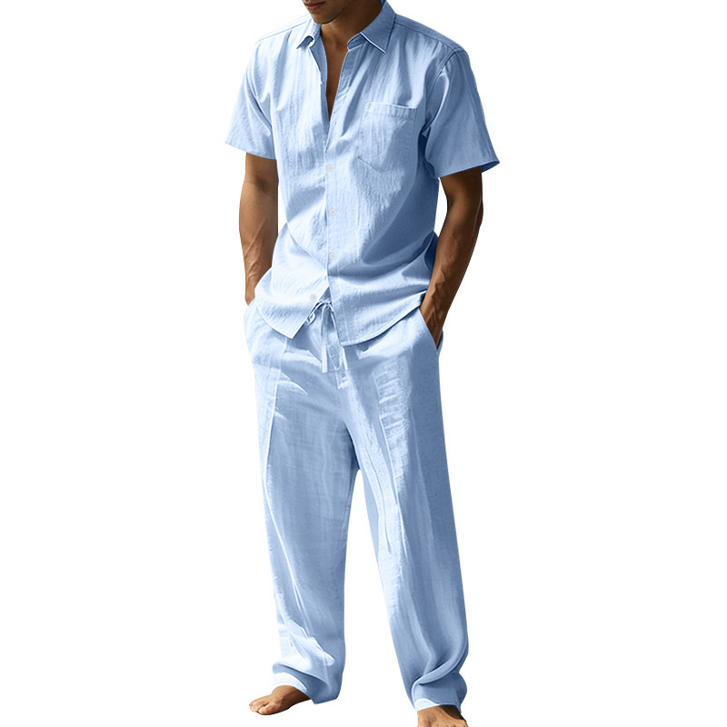 Men's Linen Short Sleeve Shirt And Pants Set, Casual Breathable Two-Piece Outfit For Summer, Relaxed Fit Linen Lounge Set_viptrois.com