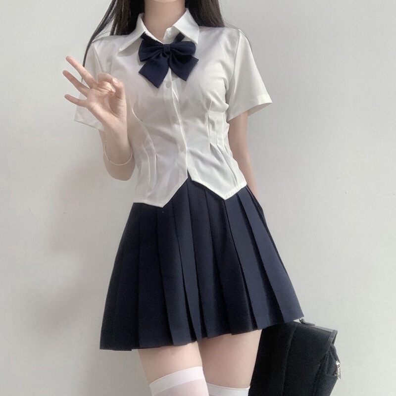 New Style Waist-Cinching Shirt, Pure Desire Style, Petite Long-Sleeve and Short-Sleeve White Stretch Shirt, Uniform Shirt Dress Set