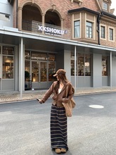 2025新款复古套装连帽双拉链卫衣外套女秋季条纹抽绳半身裙两件套