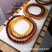 原矿琥珀蜜蜡彩虹链多圈手链 叠戴三圈手串 3A净水血珀+金珀圆珠