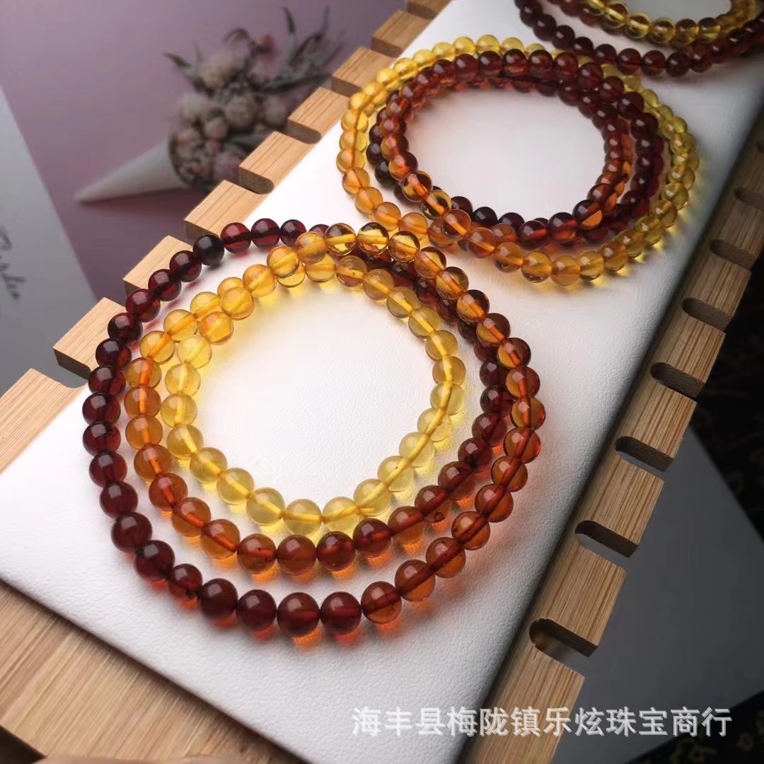 原矿琥珀蜜蜡彩虹链多圈手链 叠戴三圈手串 3A净水血珀+金珀圆珠