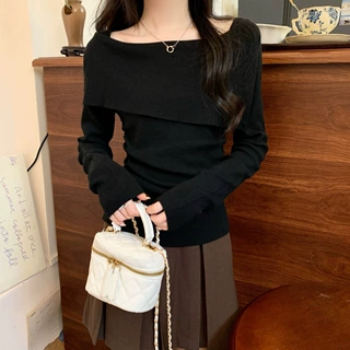 工厂现货设计感一字肩针织衫女秋季新款打底衫内搭小众高级感毛衣