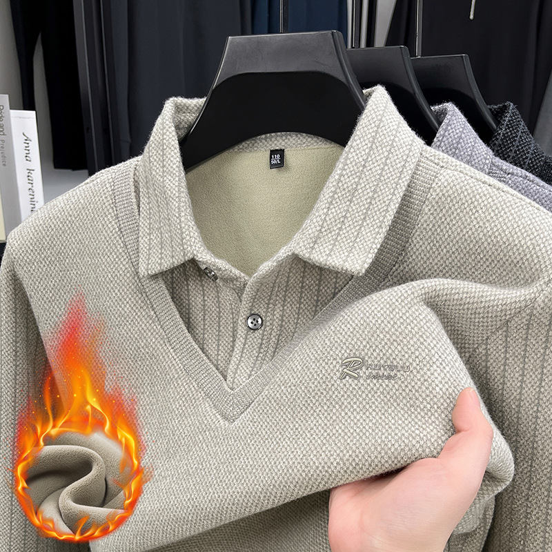 加绒加厚假两件毛衣男士时尚保暖针织衫商务冬装中青年百搭打底衫