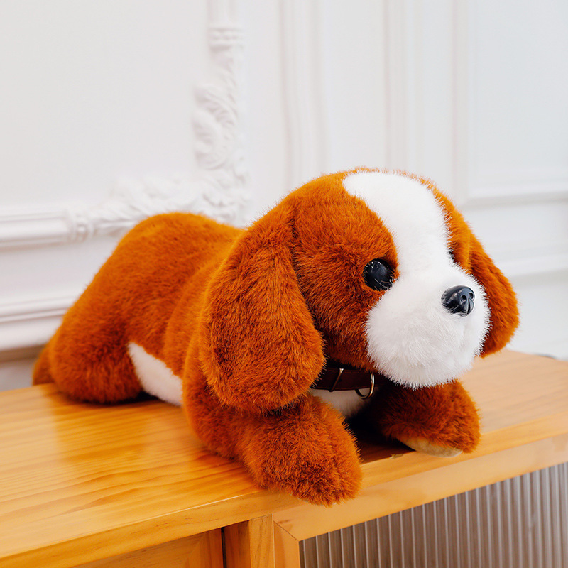 Cute collar perro juguete de peluche cachorro muñeca husky muñeca de pelo dorado suave lindo dormir simulación perro suave