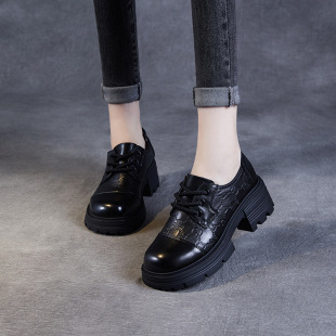 Top Layer Real Cowhide Embossed Leather Shoes Women's 2024 Spring and Autumn Thick-soled British Light Luxury All-match Lace-up Martin Single-Layer Shoes for Women