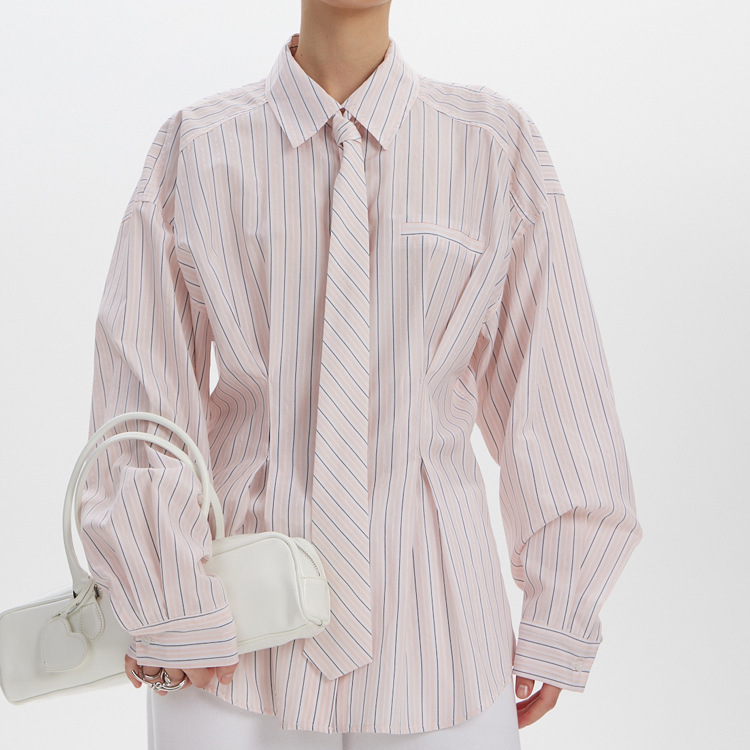 Elegant Commuter Printed Striped Shirt for Women, 2025 New Style, Turn-Down Collar, Long Sleeve, Tie Design, Waist-Cinching Blouse Elegant Commuter Printed Striped Shirt for Women, 2025 New Style, Turn-Down Collar, Long Sleeve, Tie Design, Waist-Cinching Blouse