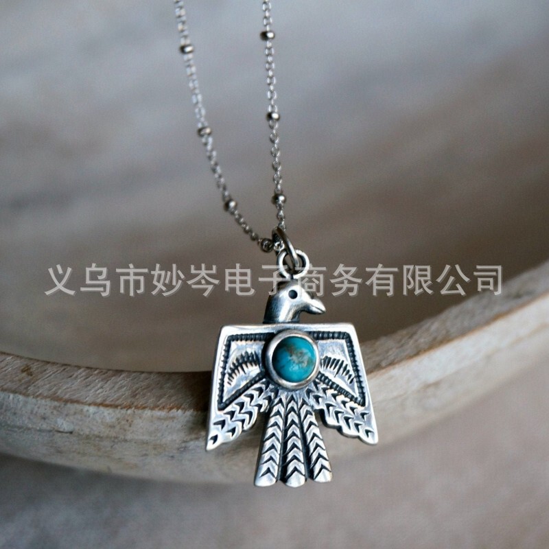 European and American New Style Bohemian Carved Retro Eagle Turquoise Pendant Necklace Creative Personalized Thunderbird Necklace