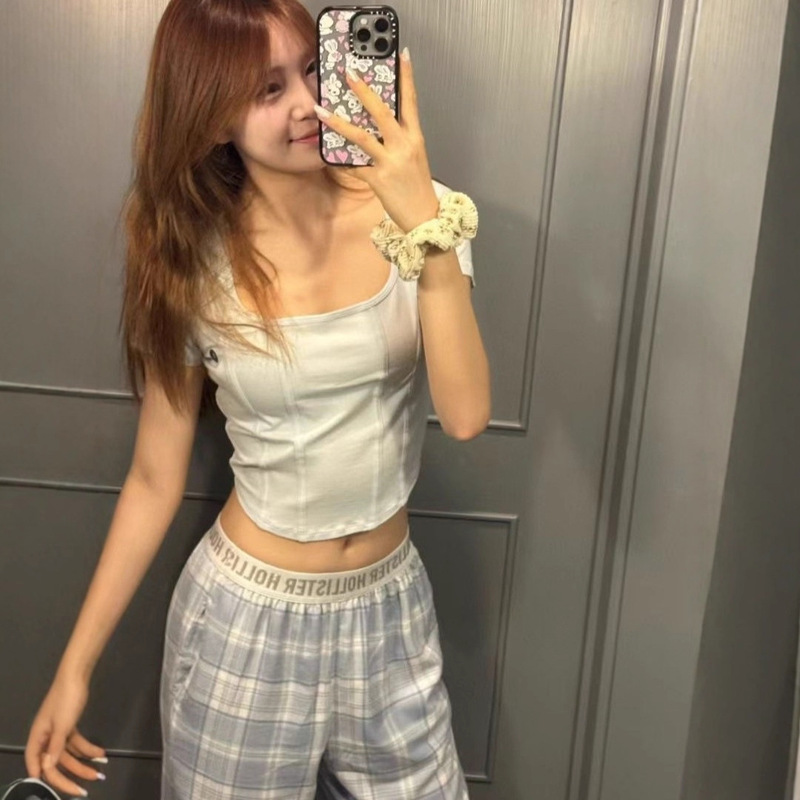 Trendy Hollister Small Seagull Letter Belt Plaid Casual High-Waisted Slimming Wide-Leg Pants Sleepwear Women's Long Pants