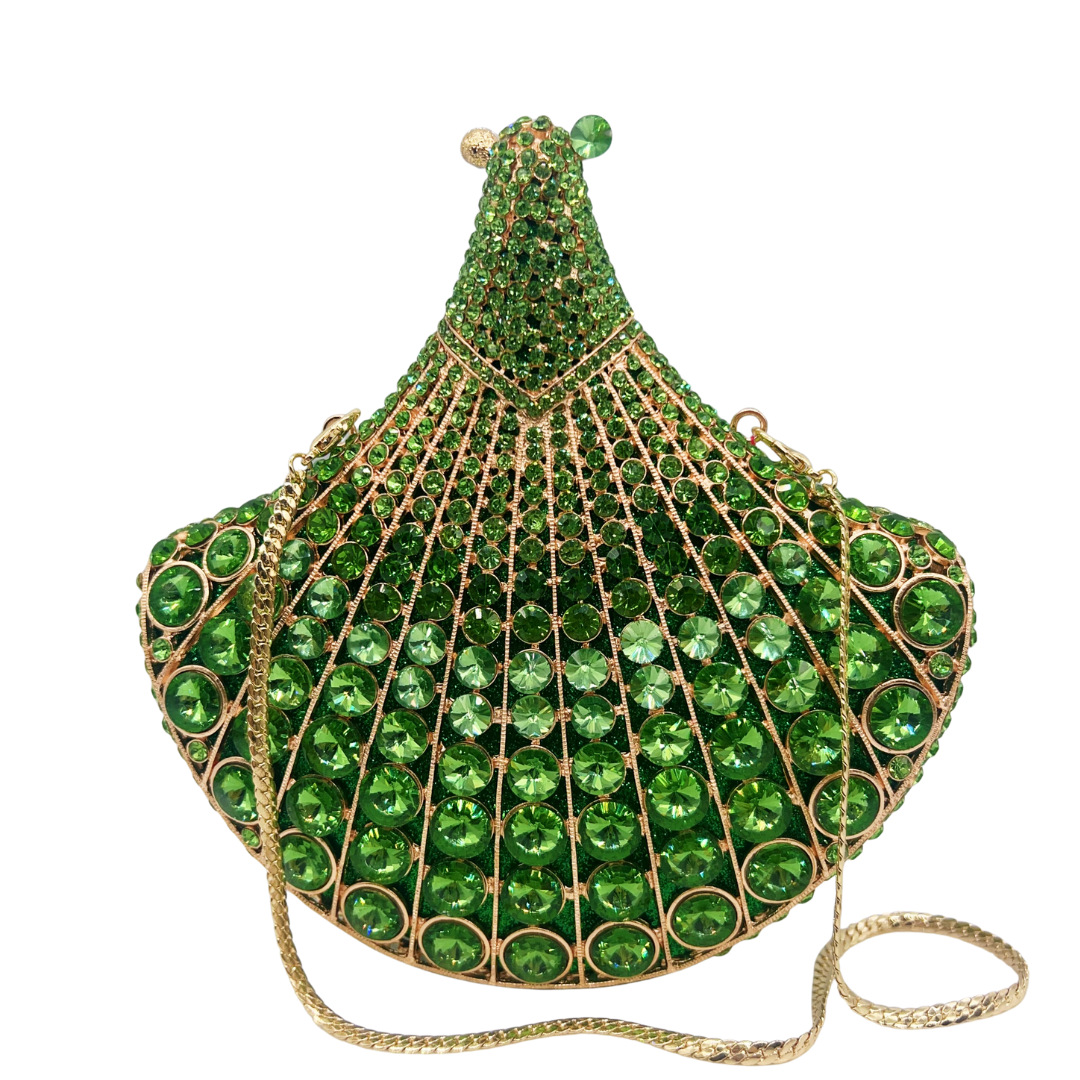 Clutch nữ hình quạt đính đá cao cấp dự tiệc cầm tay — màu vàng, bạc, màu đỏ, màu ô liu xanh chi tiết 13