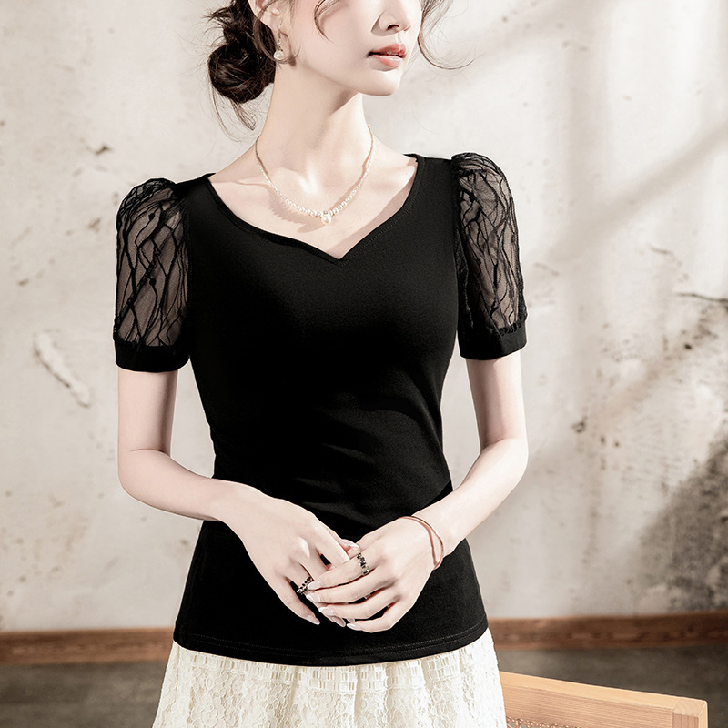 Peach Collar T-shirt Women's Short-sleeved Puff-sleeved Slim-fit 2025 Summer Hollow-out Lace Stitching Women's Half-sleeved Top