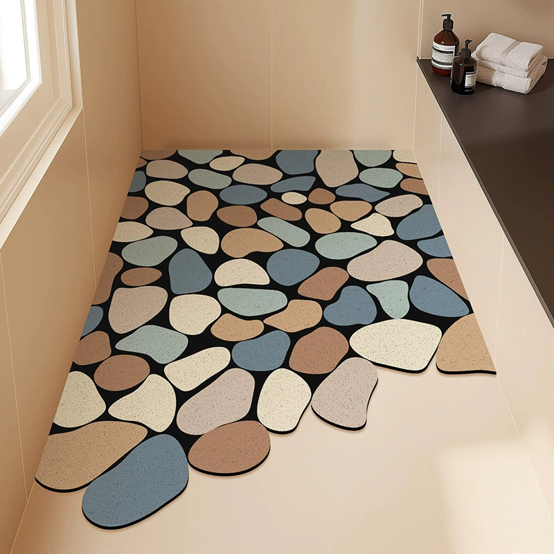复古鹅卵石雨花石创意地垫浴室卫生间淋浴白底丝圈地垫防滑防摔沥