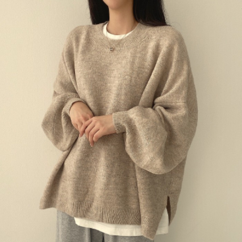 Cross-Border Korean Autumn and Winter French Lazy Style Round Neck Side Slit Loose Casual Versatile Long-Sleeved Warm Knitted Sweater