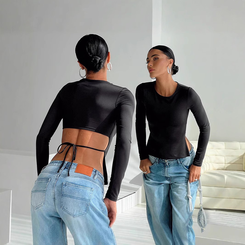 European and American Foreign Trade Spring and Autumn New INS Niche Long Sleeve T-Shirt Front Long Rear Short Strap Slim Fit Base Shirt Street Shirt