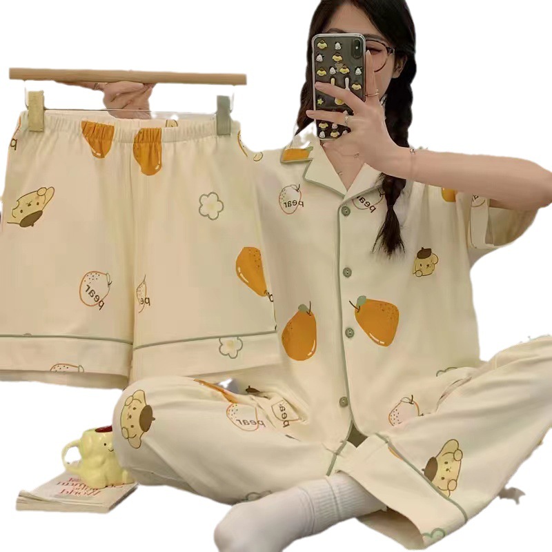 Pijamas de verano para mujer 2025, nuevo conjunto de tres piezas de cárdigan de manga corta, talla grande, delgado, pantalones largos, conjunto de ropa para estar en casa