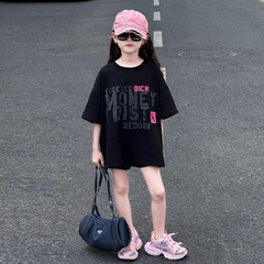 女の子半袖Tシャツ2025夏新スタイル綿100%中大型子供用おしゃれ子供用万能ラウンドネックトップトレンディ