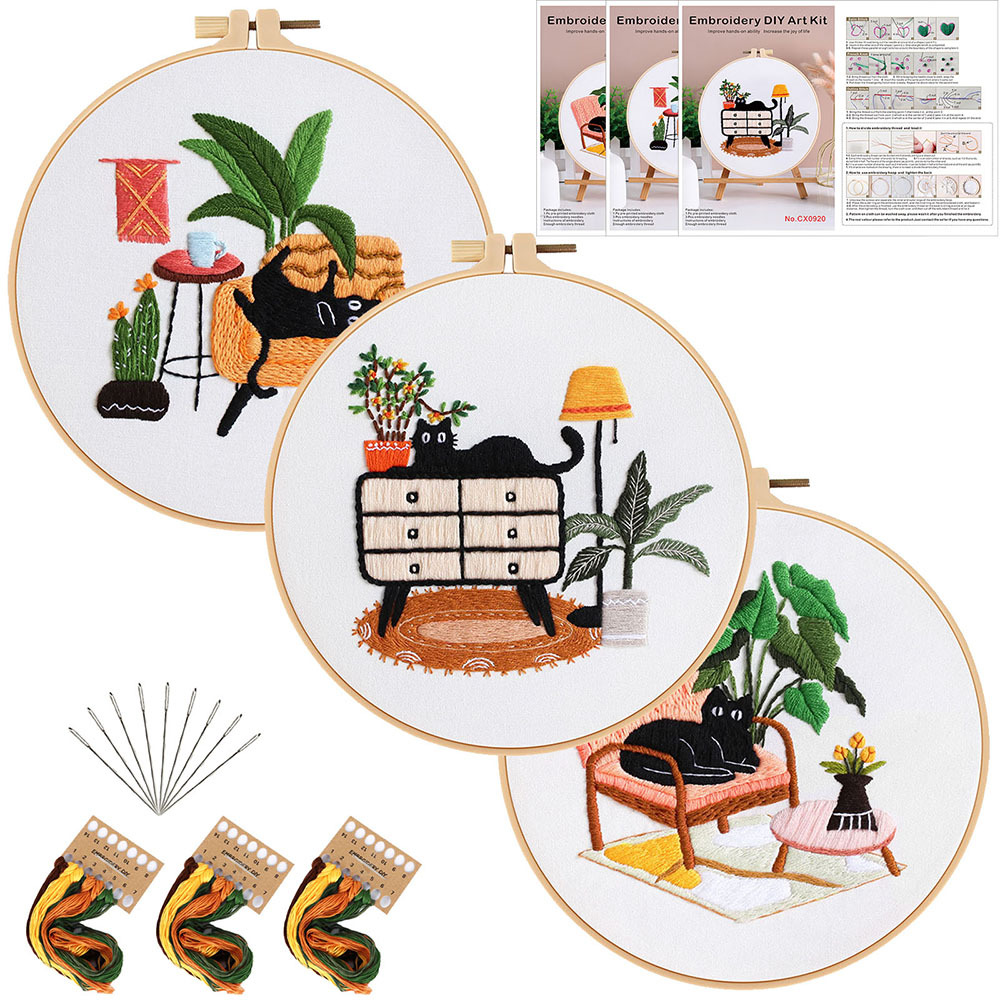 Nuevo original DIY hecho a mano bordado material paquete vacaciones gato negro gato flores y plantas ventana sofá inglés transfronterizo