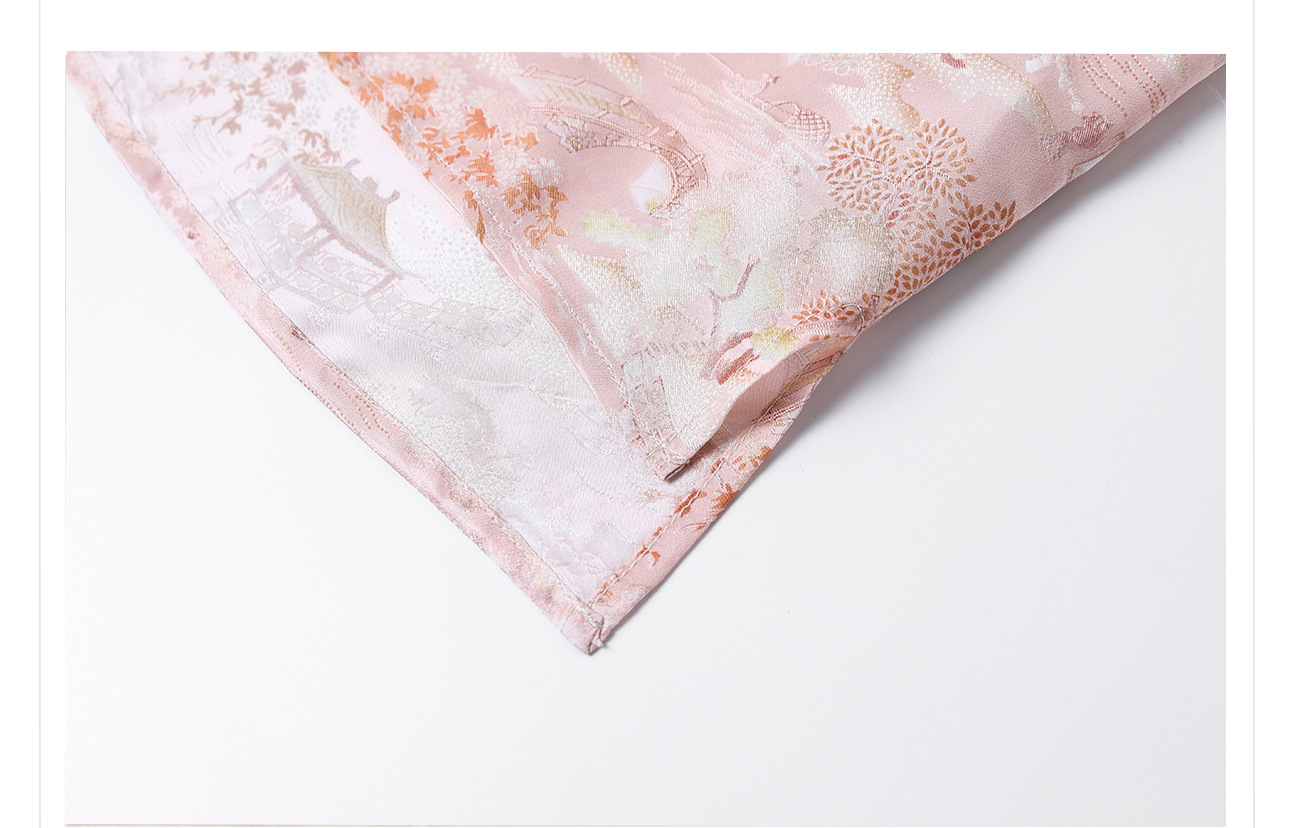 Áo thun cổ tròn tay ngắn phong cách Tân Trung Hoa đính khuy vải, chất liệu lụa tơ tằm jacquard — Màu hồng, màu mơ chi tiết 13