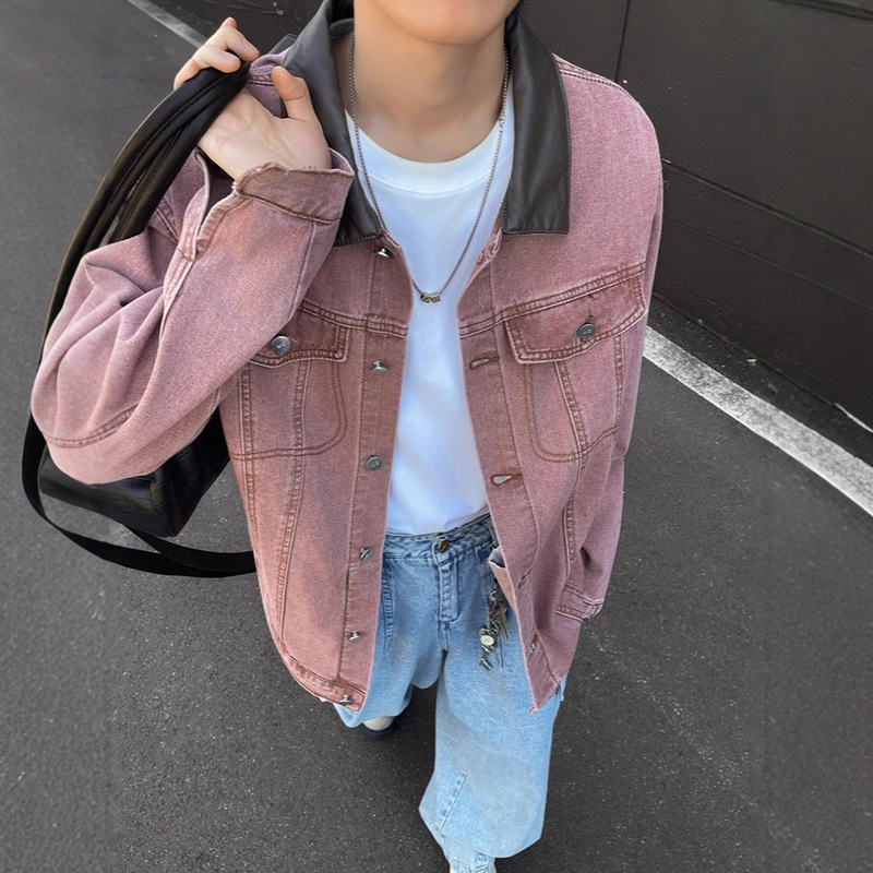 American Retro Blue Denim Jacket Men's Autum Vintage Washed Denim Jacket High Street Handsome Short Jacket