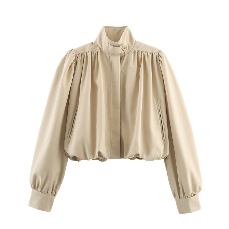 Cross-Border Women's Clothing Manufacturer Wholesale 2025 New European and American Style Pleated Texture Stand Collar Lantern Sleeve Jacket Cross-Border Women's Clothing Manufacturer Wholesale 2025 New European and American Style Pleated Texture Stand Collar Lantern Sleeve Jacket